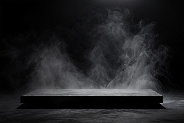 Empty black marble tabletop podium with smoke black background for product display