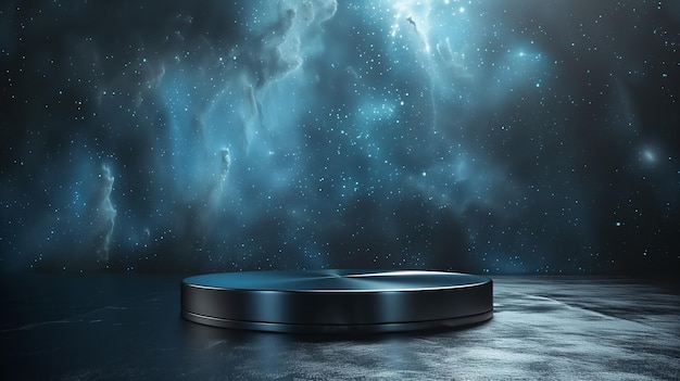 empty black metalic podium on blue star space galaxy background for product presentation