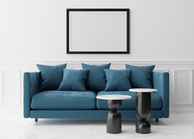 Photo empty black picture frame on white wall in modern living room. mock up interior in classic style. free space, copy space for your picture. blue sofa. 3d rendering.