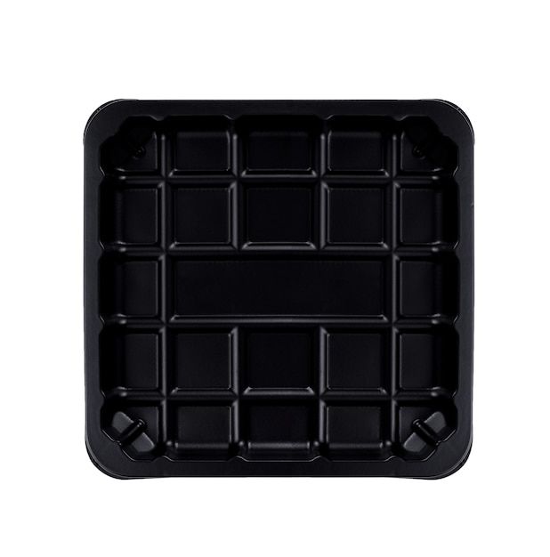 Empty black plastic container isolated on white.