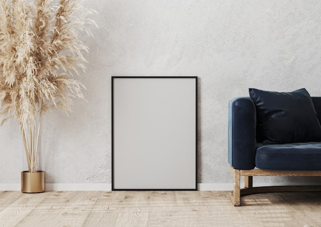 Empty black poster frame mockup on the wooden parquet near gray concrete wall in modern interior design