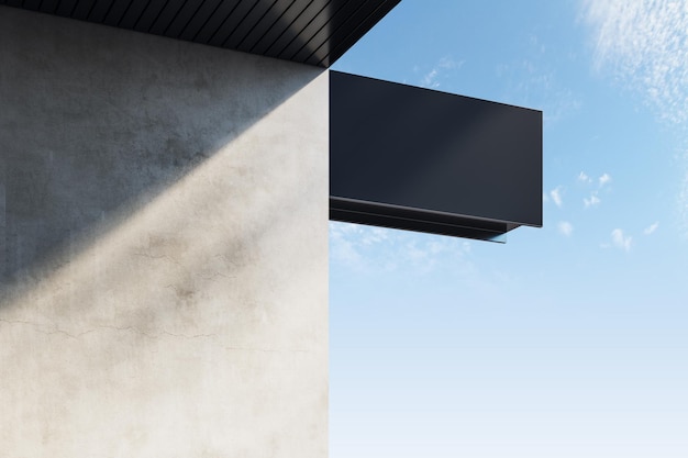 Empty black rectangular stopper or banner hanging on concrete\
building with shadows and bright blue sky view bar restaurant shop\
and advertisement concept mock up 3d rendering