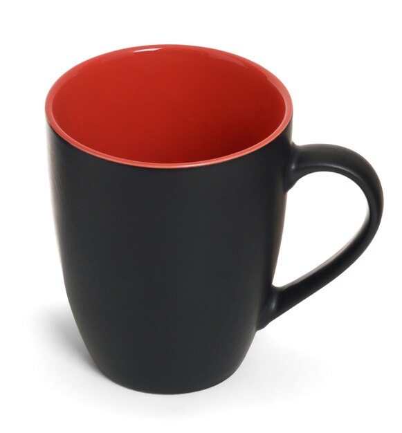 Empty black and red cup on white