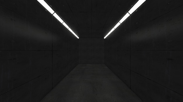 Пустая черная комната с огнями. 3D визуализация