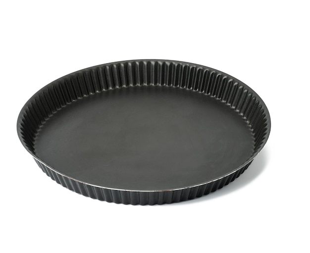 Empty black round non-stick cake pan isolated on white surface, top view