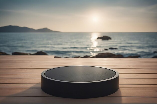 Empty black round podium on wooden table over sea