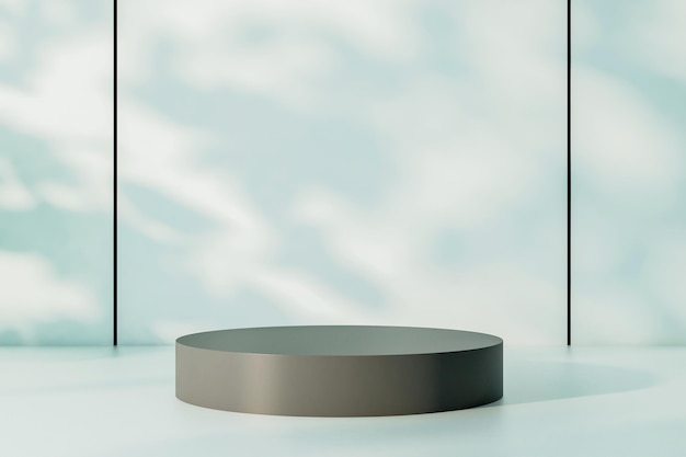 Empty black round stand on light surface at sunny wall background 3D rendering mockup