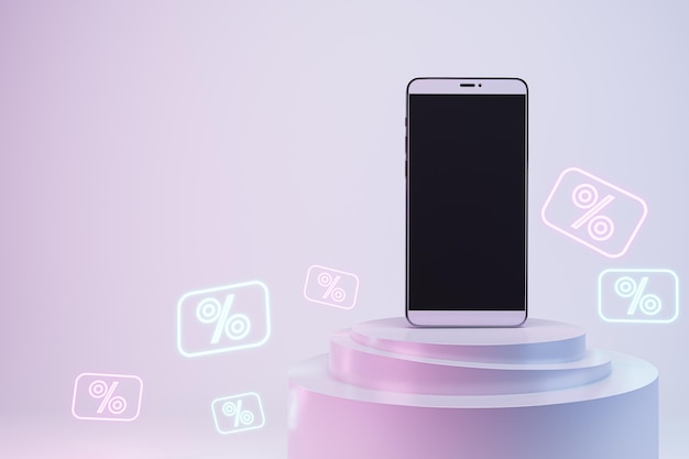 Empty black screen mobile phone on creative pink product
display on light background with glowing percentage signs promotion
sale presentation and showcase concept mock up 3d rendering