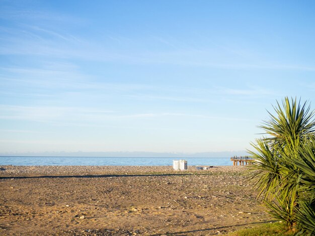 Empty Black Sea beach in the offseason Autumn at the resort There are no people on the beach Emptiness