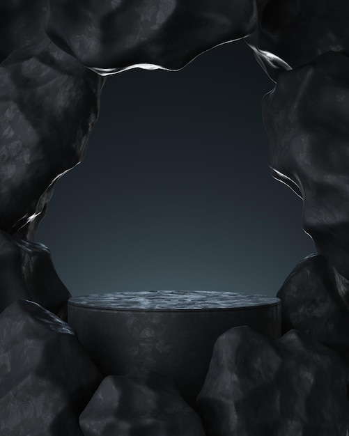 Fondo 3d vuoto della fase di visualizzazione del prodotto di pietra nera con il modello di presentazione della piattaforma di struttura scura del basamento del podio della roccia o il piedistallo minerale vuoto e la vetrina cosmetica del fondo di marmo di lusso