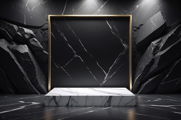 Empty black stone product display stage 3d background with frame rock podium stand dark texture platform
