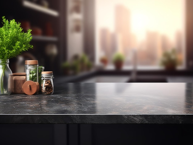 Empty black stone tabletop counter on modern blurred kitchen background