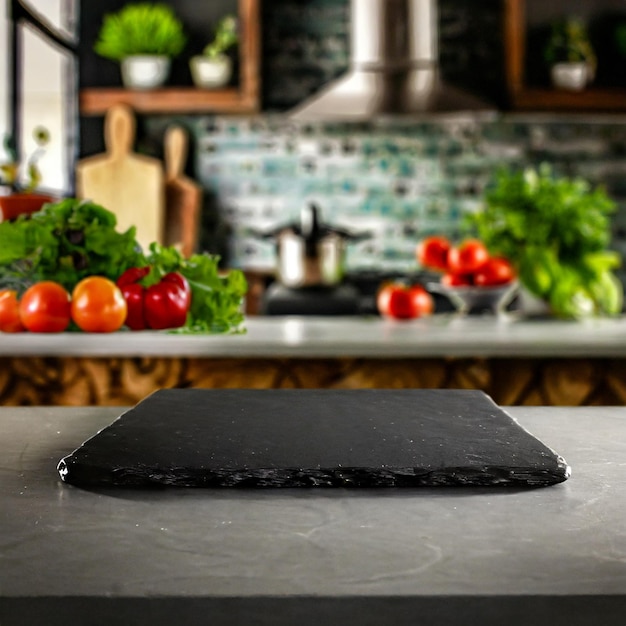 Empty black surface stone cutting board for displaying food on tabletop in a blurred modern kitchen