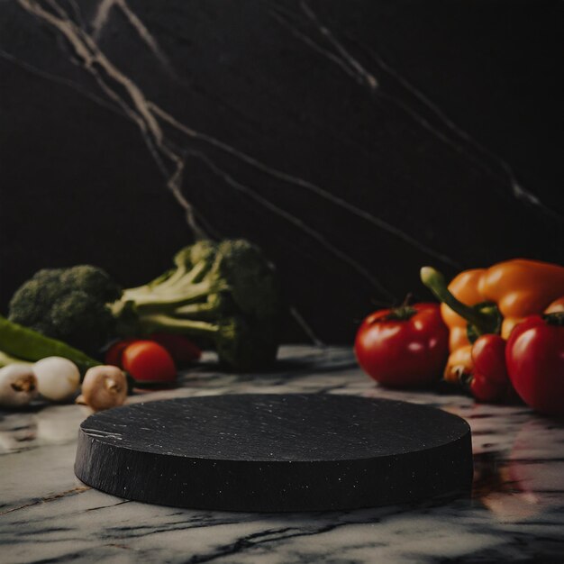 Foto pietra a superficie nera vuota per la visualizzazione di cibo su un tavolo da cucina in marmo con verdure sullo sfondo