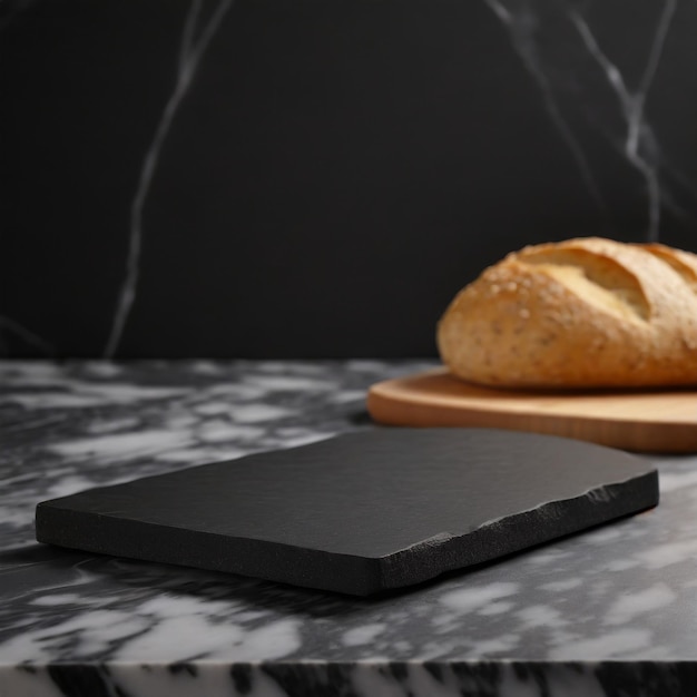 背景にパンが描かれた大理石のテーブルトップキッチンで食べ物を展示する空の黒い表面の石