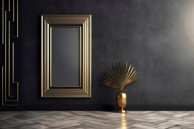 Empty black wall with a glamorous mirrored picture frame on it