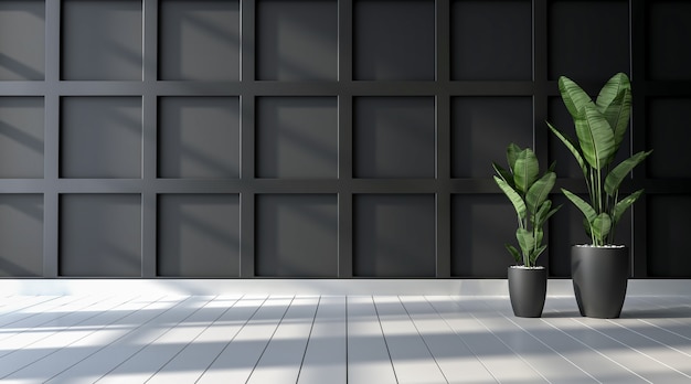 Empty black wall with white wood floor with plants background