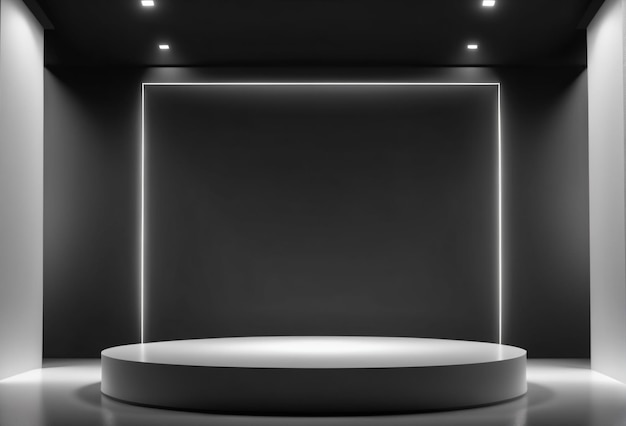 Empty Black White Rounded Futuristic Pedestal with White Lights Background for Product Placement