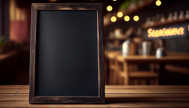 ぼやけたカフェの背景に置かれた空の黒板 黒板は空白で、木製のフレームがあります