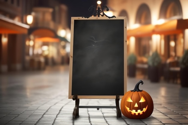 Empty blackboard sign Halloween mockup in front of a restaurant Menu board Generative Ai