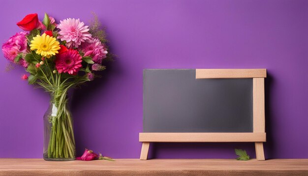 Empty blackboard with flower bouquet on purple background