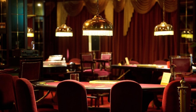 Un tavolo di blackjack vuoto in un casinò nei toni del rosso