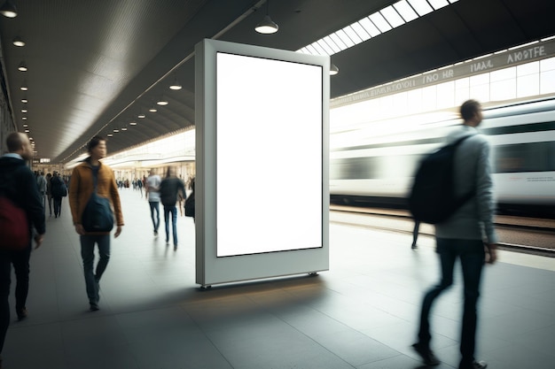 Пустой пустой билборд или рекламный плакат на железнодорожном вокзале с размытыми людьми
