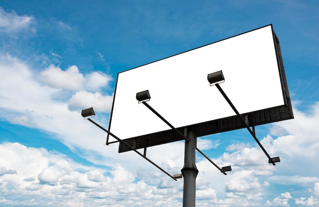 Empty Blank  billboard mockup with white screen against cloudy sky background. Copy space banner for advertisement in a cloudscape.