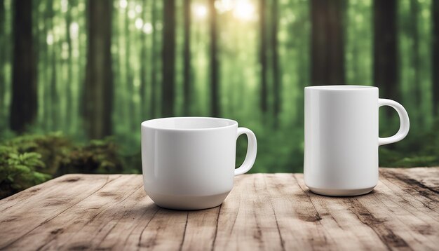 Empty blank mock up of white ceramic coffee mug on a forest background