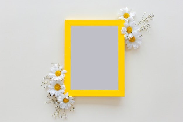 Photo empty blank photo frame with flower vase in front of white background