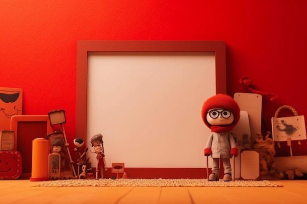 Empty blank poster frame and film on red background copy space