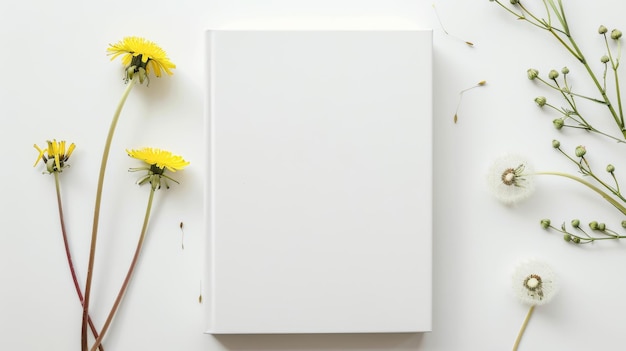 Photo empty blank white book cover mock up and dandelions branch on white table background