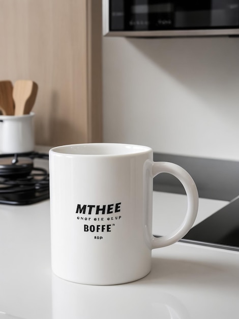 Empty blank white coffee mug mockup in a kitchen