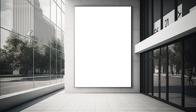 Empty Blank White Mockup Signboard on modern business office building wallGenerative AI