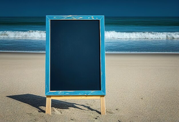 Empty blue chalkboard stand frame on the beach illustration Ai generative