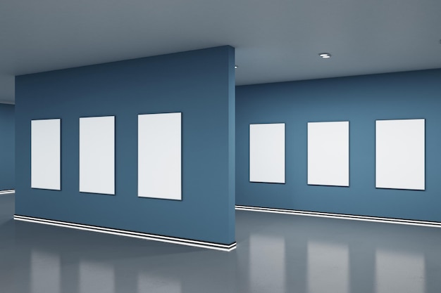 Empty blue gallery interior with blank white mock up frames on wall and reflections on floor Art no people museum and exhibition concept 3D Rendering