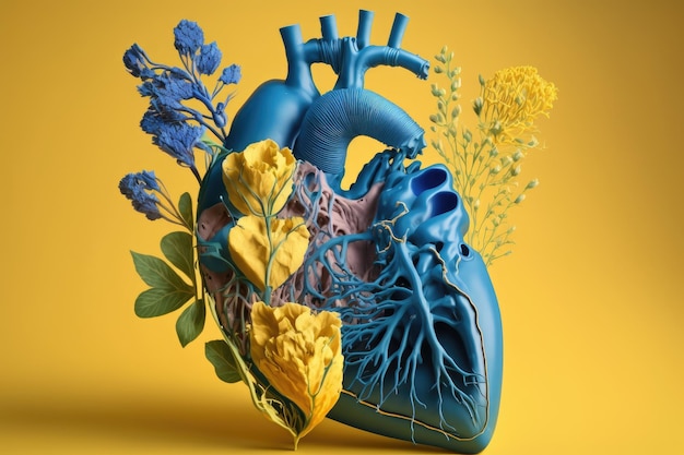 Empty blue human heart with flowers on yellow background