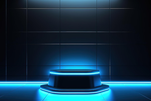 Empty blue podium floating in the air with blue neon light Futuristic podium on dark background