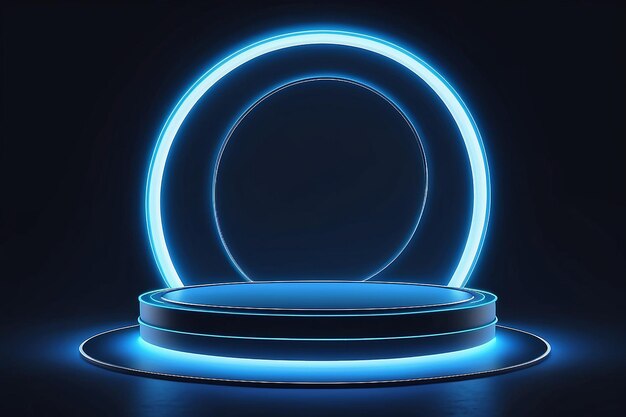 Empty blue podium floating in the air with blue neon ring on background