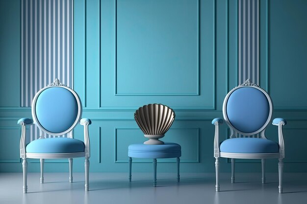 Пустая синяя комната с классическими синими стульями Макет минимализма