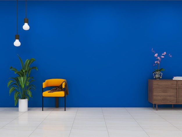 Empty blue wall living room interior with armchair plant and cabinet 3D rendering