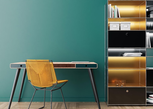 Empty blue wall in modern home office. Mock up interior in contemporary style. Free space, copy space for your picture, text, or another design. Wooden desk, yellow chair, shelfs. 3D rendering.