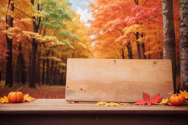 Photo empty board against a colorful autumn forest