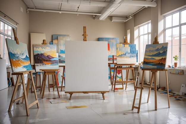 Empty board in an art studio with paintings