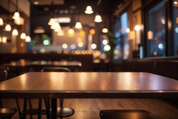 Empty board in a cozy dimly lit cafe with bokeh lights in the background