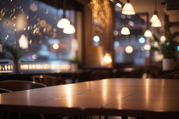 Empty board in a cozy dimly lit cafe with bokeh lights in the background
