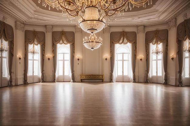 Empty board in an elegant ballroom with chandeliers