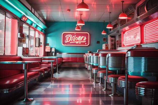 Empty board in a retro diner with neon signs