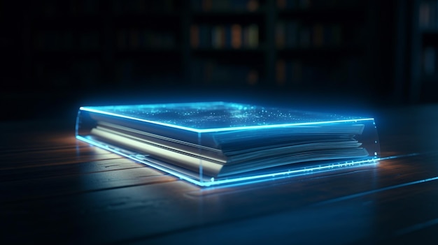 Photo empty book shelf hologram close up 4k high quality