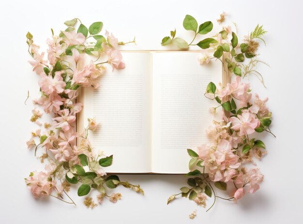 Foto un libro vuoto con dei fiori.